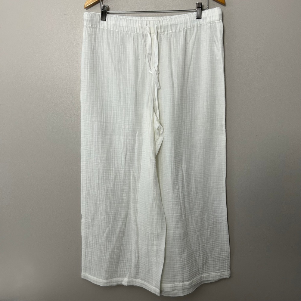 Eileen Fisher Pants Womens Large White Gauze Wide Leg Frayed Hem Organic Cotton